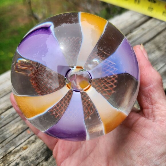 Vintage Handblown Glass Paperweight With Purple & Amber Swirls Copper Mesh Cente - Picture 6 of 10